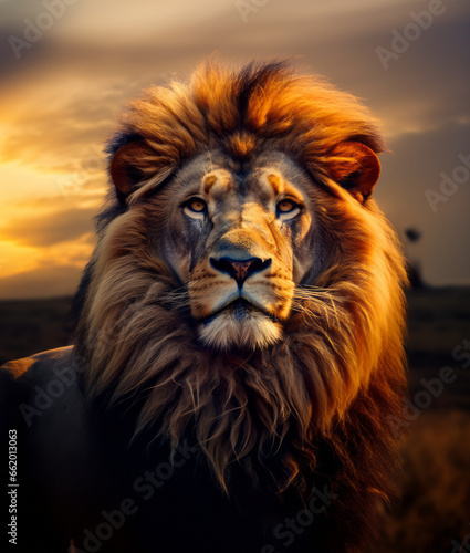 Majestic Lion Portrait at Sunset in Natural Habitat © Sol Revolver Group