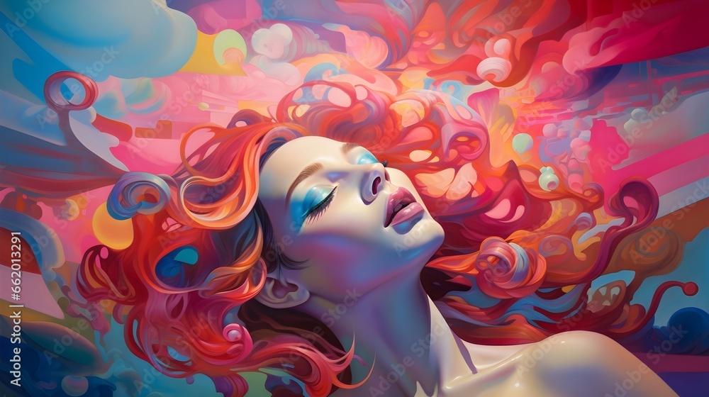 Surrealist and vibrant portrait of a woman immersed in an explosion of dreamlike colours and shapes, with flowing hair that blends harmoniously with her surroundings.