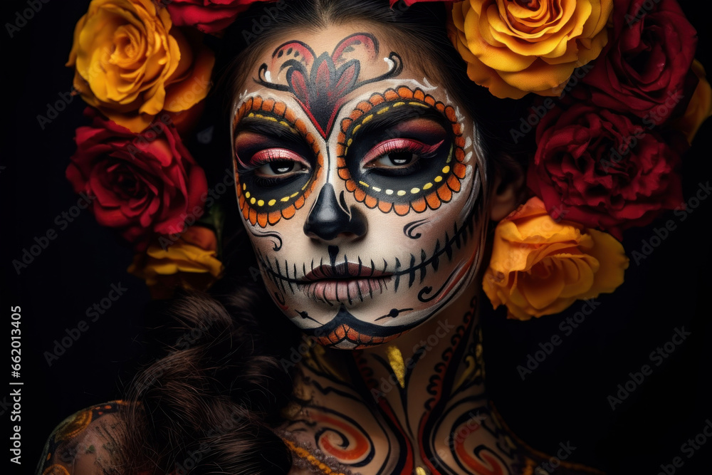 Fashion makeup for the Day of the Dead and Halloween in red colors