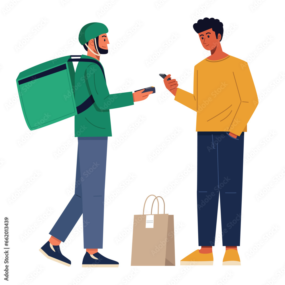 Customer using contactless payment for his food delivery order. Customer using contactless payment for his food delivery order.