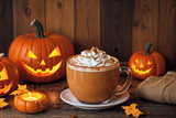 halloween holiday decoration with latte and pumpkins, still life, cozy, festive background