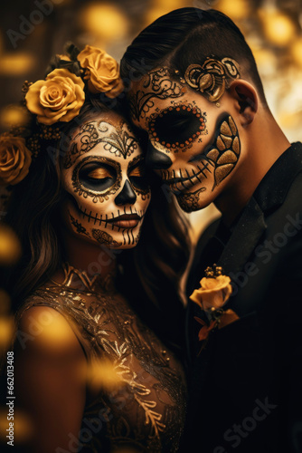 Fashionable makeup for Day of the Dead and Halloween for a couple in love
