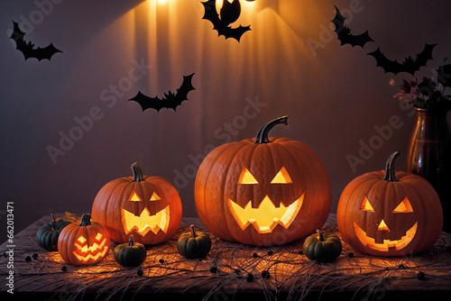 halloween holiday decoration with pumpkins, autumn leaves and candles, still life, cozy, festive background