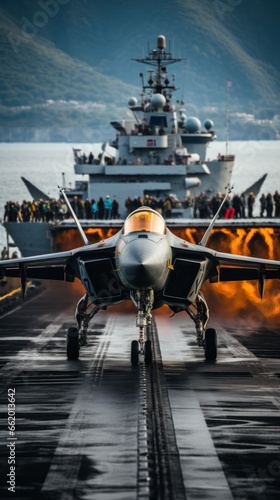 Fighter jet taking off from the deck of an aircraft carrier