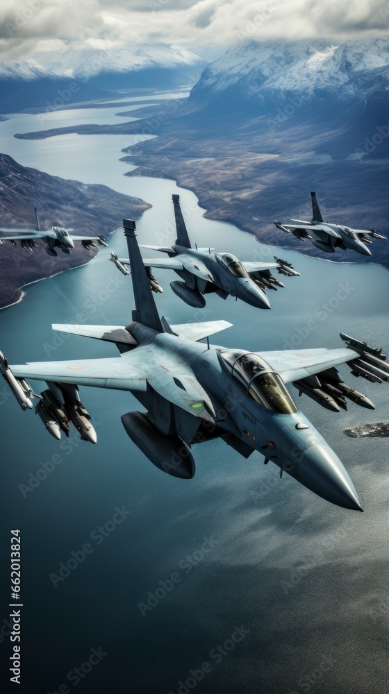 Fighter jets flying in formation over the ocean - obrazy, fototapety, plakaty 