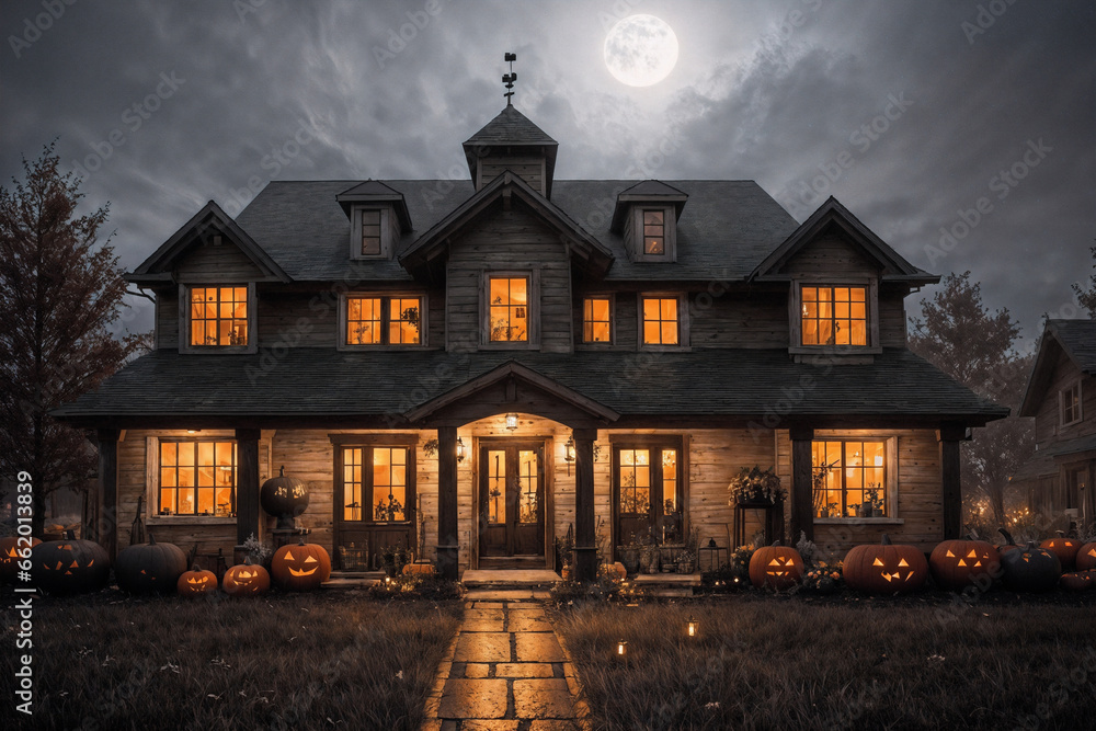 exterior of the house is decorated with harvest of pumpkins and leaves for halloween holiday, illumination, autumn nature as background exterior of the house is decorated with harvest of pumpkins and leaves for halloween holiday, illumination, autumn nature as background