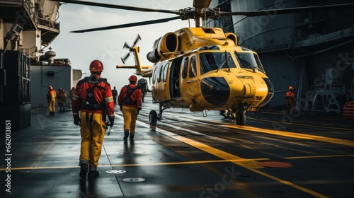 Helicopter landing on the deck of a ship