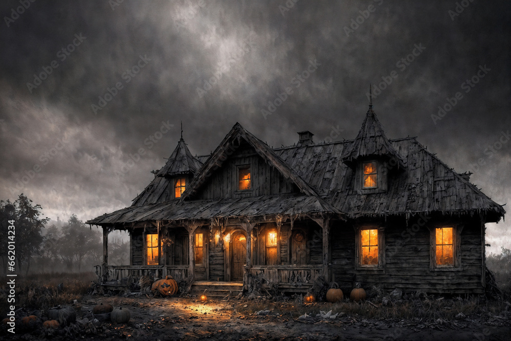 exterior of the old house is decorated with harvest of pumpkins and leaves for halloween holiday, illumination, dark dramatic sky, autumn nature as background
