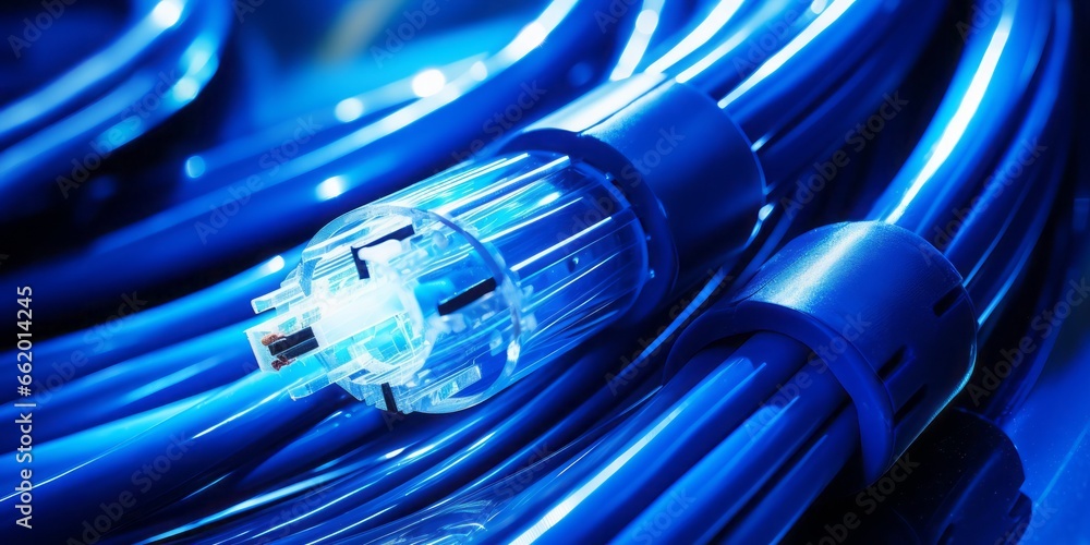 Blue Fiber Optic Cable Symbolizes the Power of Networking, High-Speed Data Transfer, and the Technological Marvels of the Internet and IoT Blue Fiber Optic Cable Symbolizes the Power of Networking, High-Speed Data Transfer, and the Technological Marvels of the Internet and IoT