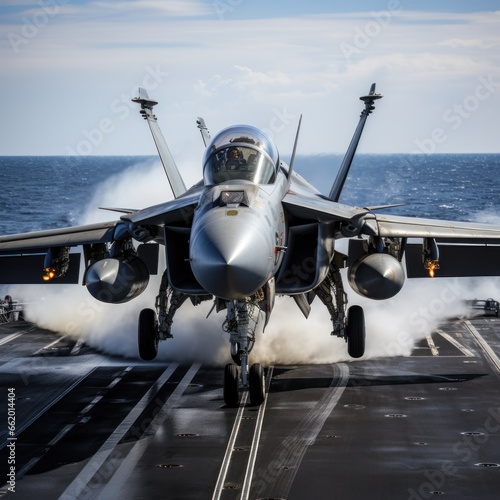 Fighter jet taking off from the deck of an aircraft carrier
