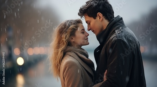 couple in love on the embankment of the river in winter © olegganko