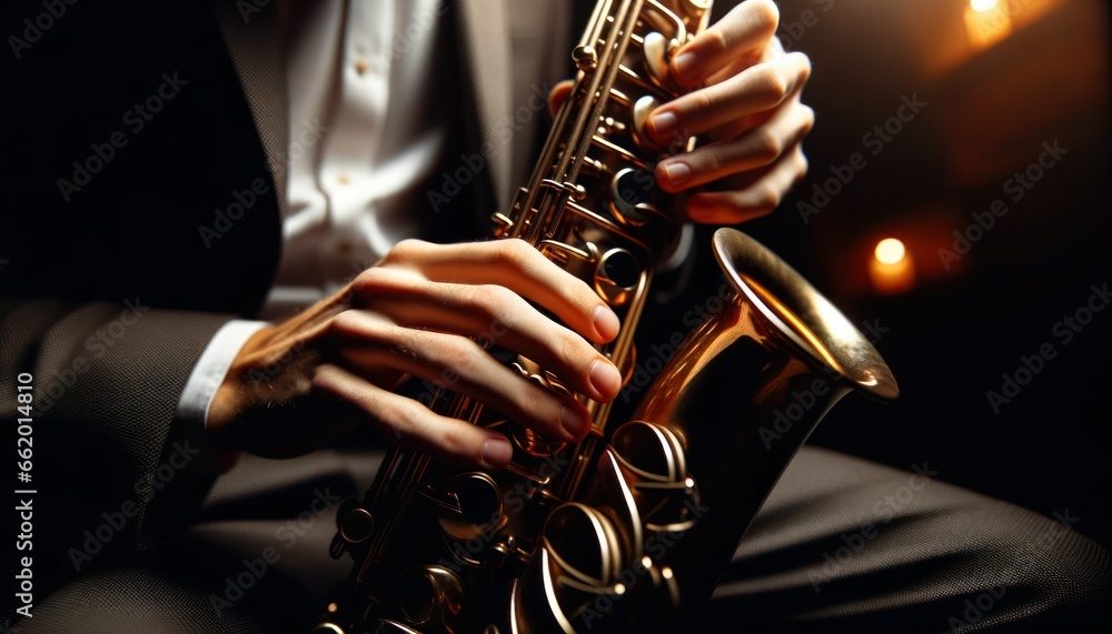 Obraz premium In a dimly lit room, a saxophonist plays with intense emotion, fingers dancing on the instrument, creating a mesmerizing musical moment.