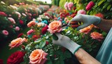 Close-up photo of gloved hands carefully pruning a vibrant rose bush.