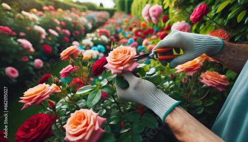 Close-up photo of gloved hands carefully pruning a vibrant rose bush. #662015027