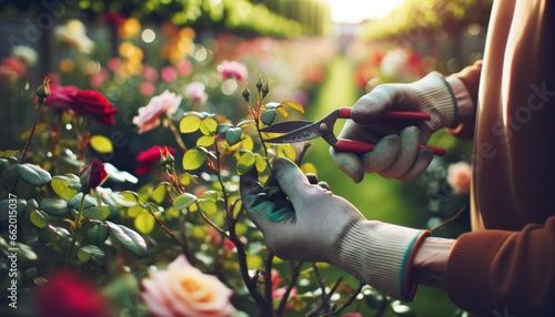 Close-up photo of gloved hands carefully pruning a vibrant rose bush.
