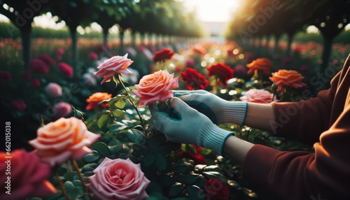 Close-up photo of gloved hands carefully pruning a vibrant rose bush. photo