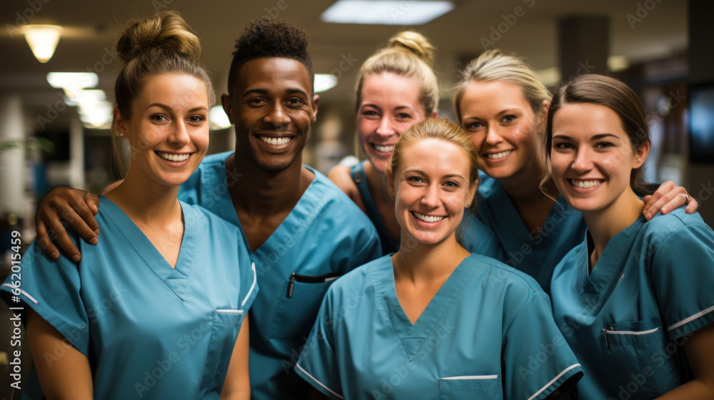 Fototapeta premium Portrait of smiling medical team standing together in corridor at the hospital.