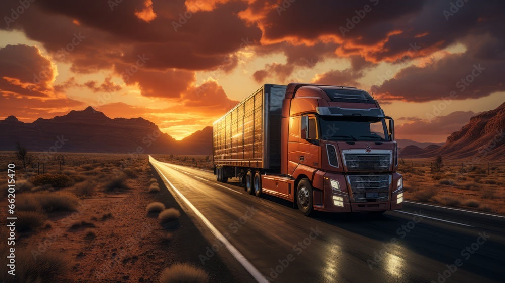 Journey into the Dusk: Exploring the Open Road and Vibrant Landscapes with Vehicles and Trailers, generative AI Journey into the Dusk: Exploring the Open Road and Vibrant Landscapes with Vehicles and Trailers, generative AI