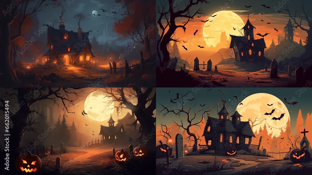 halloween, house, night, moon, castle, holiday, vector, bat, autumn, tree, dark, silhouette, illustration, horror, scary, pumpkin, haunted, bats, cartoon, spooky, celebration, generative, ai
