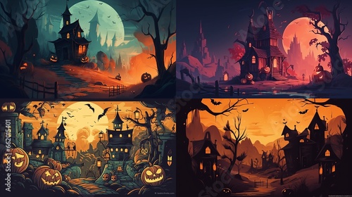 halloween, house, night, moon, castle, holiday, vector, bat, autumn, tree, dark, silhouette, illustration, horror, scary, pumpkin, haunted, bats, cartoon, spooky, celebration, generative, ai © Eugene