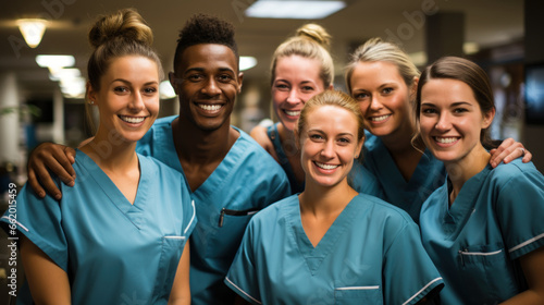 Portrait of smiling medical team standing together in corridor at the hospital.