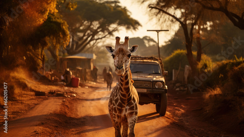 Giraffe against safari suv in the savanna of Africa, Kenya, Africa photo