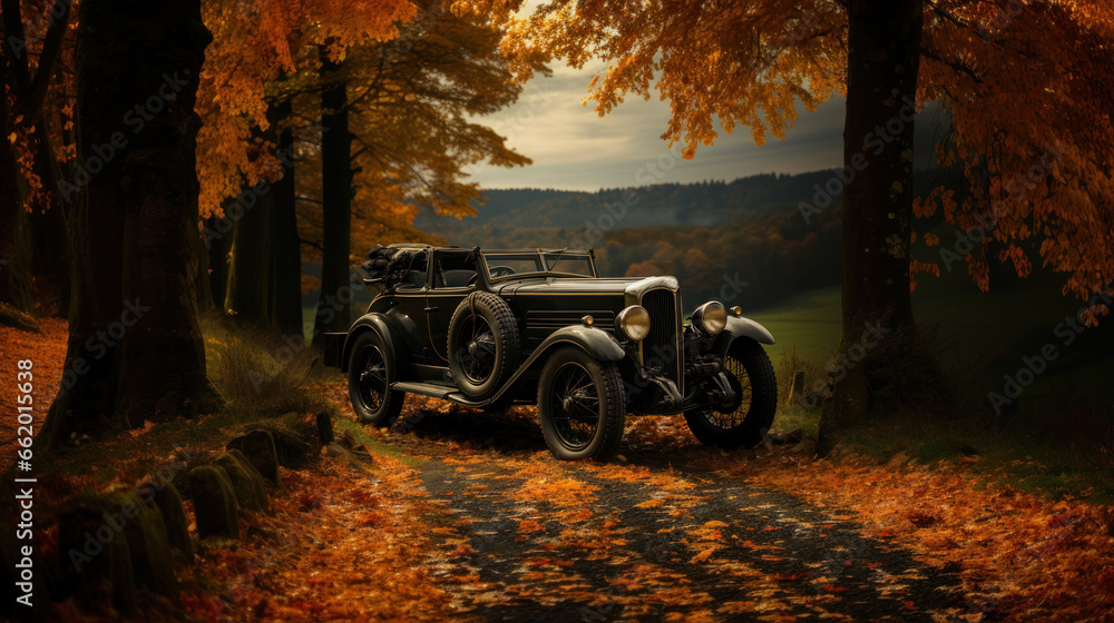 Vintage german car on the road in autumn forest. Retro second world war period. - obrazy, fototapety, plakaty 