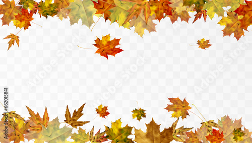 Realistic falling autumn leaves. Autumn flying orange foliage on transparent background, isolated template vector illustration