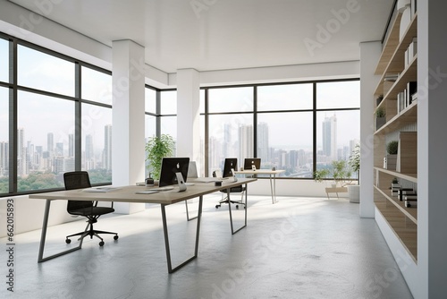 Minimalist urban office with ample space and natural light offering a panoramic city view. Embracing corporate  law  and legal themes. Rendered in 3D. Generative AI
