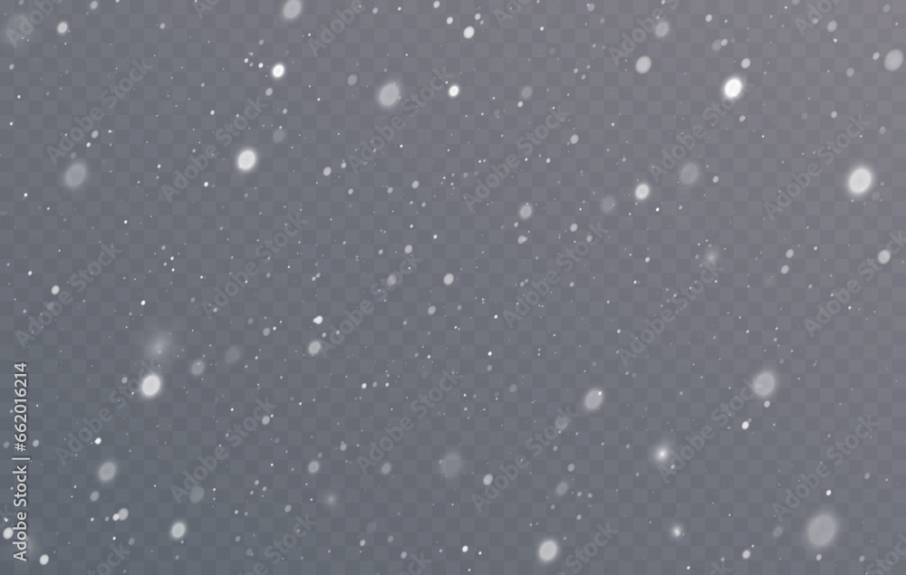 Snow blizzard, Christmas winter background. Snowflakes flying in the sky isolated on transparent background
