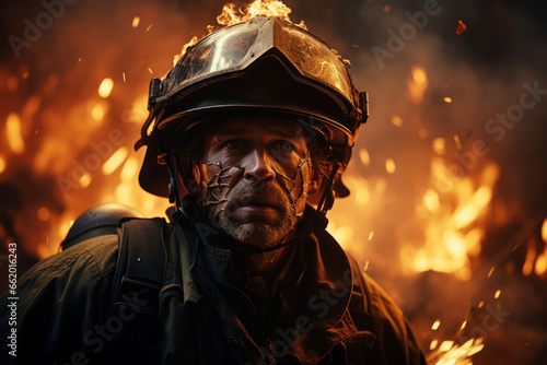 A firefighter risking their life to save others in a burning building, embodying the moral duty of first responders. Concept of bravery and sacrifice. Generative Ai. © Sebastian