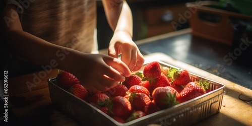 A Kid Reaches for and Grabs a Handful of Fresh, Tempting Strawberries from a Bountiful Harvest