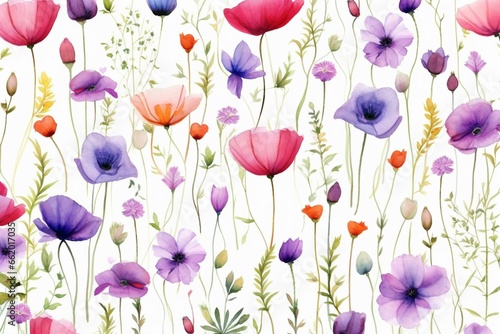 A seamless pattern of watercolor flowers on a white background. Generative AI