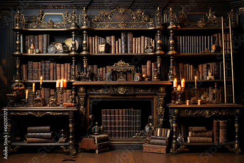 An antique library with floor-to-ceiling shelves filled with old leather-bound books, reminiscent of literary classics. Concept of intellectual heritage. Generative Ai.