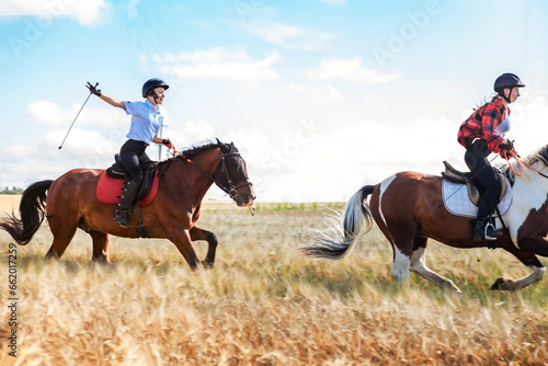 Young women equestrians gallop on horses through a field.
