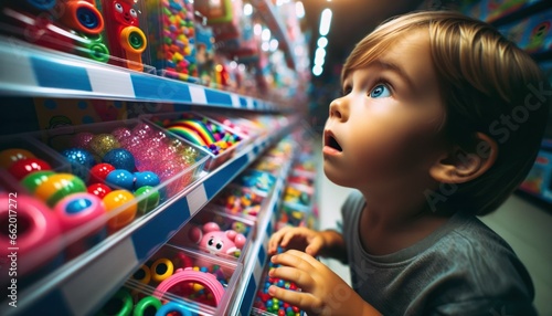 Close-up photo of a child, eyes wide with wonder, reaching for a colorful toy on a brightly illuminated store shelf