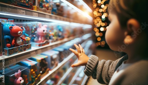 Close-up photo of a young child, captivated by a toy, hand outstretched towards a store shelf glowing with lights