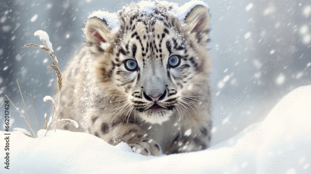 Fototapeta premium White saber-toothed tiger cub in the snow.