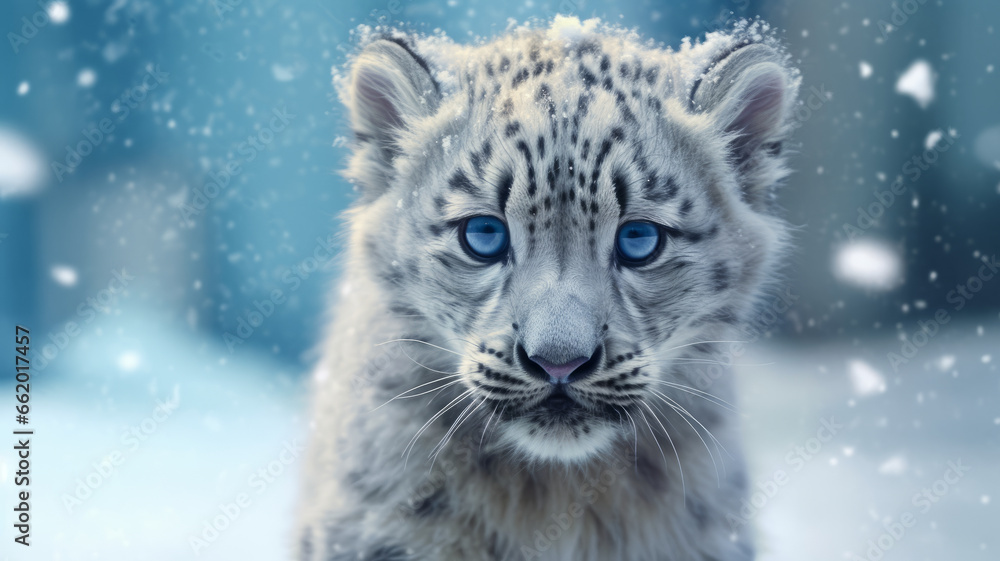 White saber-toothed tiger cub in the snow. White saber-toothed tiger cub in the snow.