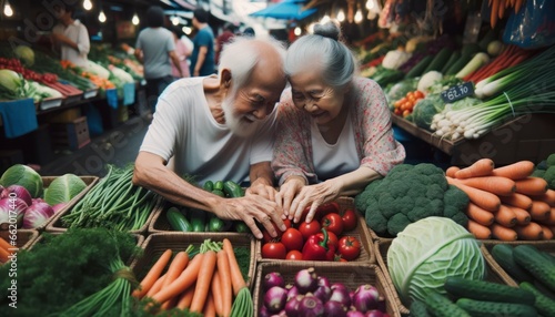 In a close-up photo, an elderly couple shares a loving moment while selecting vegetables, their hands touching the fresh produce. © PixelPaletteArt