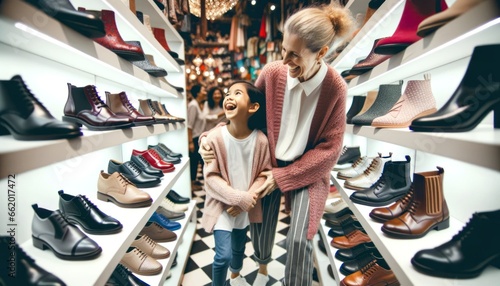 Close-up photo of a mother and daughter in a shoe store, laughing as they try on matching footwear, with rows of diverse shoe styles