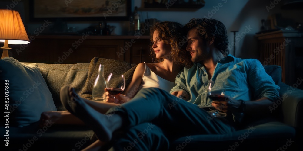 Spine-Tingling Movie Night: A Couple Enjoys a Glass of Chocolate While Immersed in the Suspense of a Horror Film on Shudder