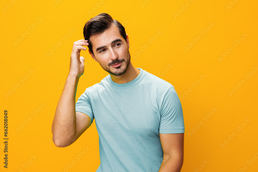 Man lifestyle studio copy background fashion arm smiling space style gesture portrait laughing trendy yellow Man lifestyle studio copy background fashion arm smiling space style gesture portrait laughing trendy yellow