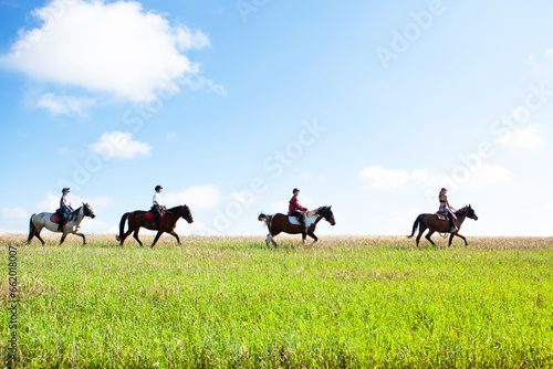 Young women equestrians gallop on horses through a field.
