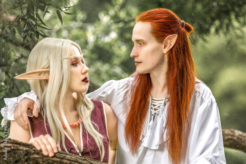 Fototapeta premium An elf man and an elf woman are standing near a tree. A pair of stunning detailed elven fantasies, mythical fairy tale characters