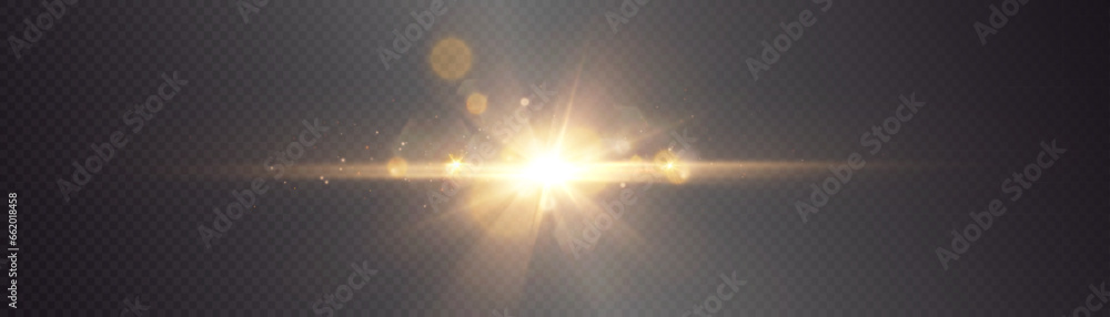Bright light effect with rays and glare shines with golden light for vector illustration.	
