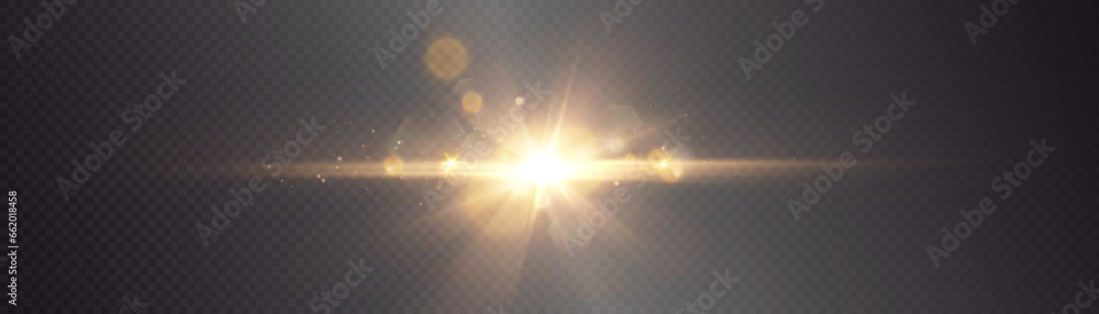 Fototapeta premium Bright light effect with rays and glare shines with golden light for vector illustration. 