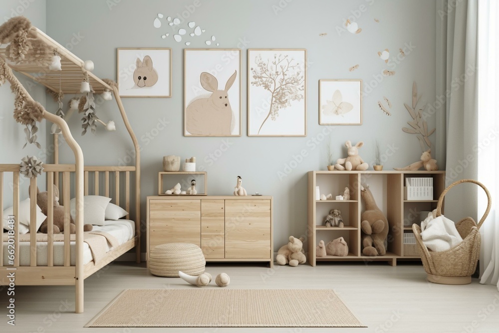 Farmhouse-style interior with natural wooden furniture in a children's room. Four wooden frames in A3 and A4 sizes. Generative AI