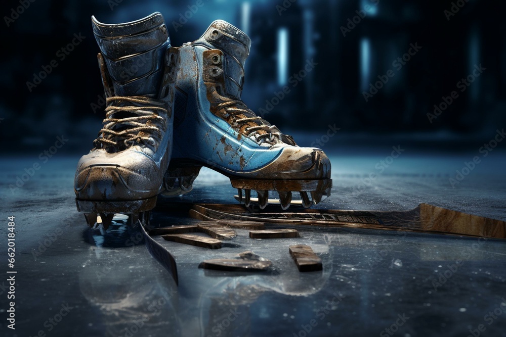 Rendered depiction of ice hockey equipment. Generative AI - obrazy, fototapety, plakaty 