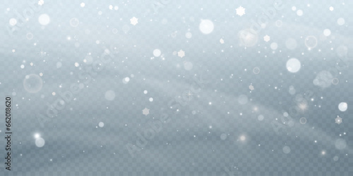 Snow blizzard, Christmas winter background. Snowflakes flying in the sky isolated on transparent background